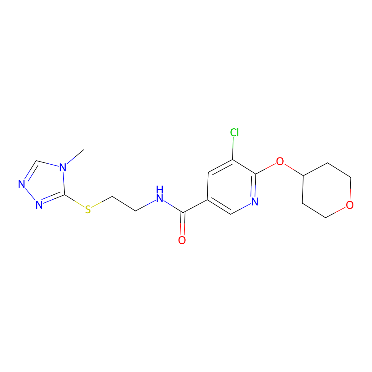 5-chloro-N-(2-((4-methyl-4H-1,2,4-triazol-3-yl)thio)ethyl)-6-((tetrahydro-2H-pyran-4-yl)oxy)nicotinamide molecular structure, CAS 1903810-51-4