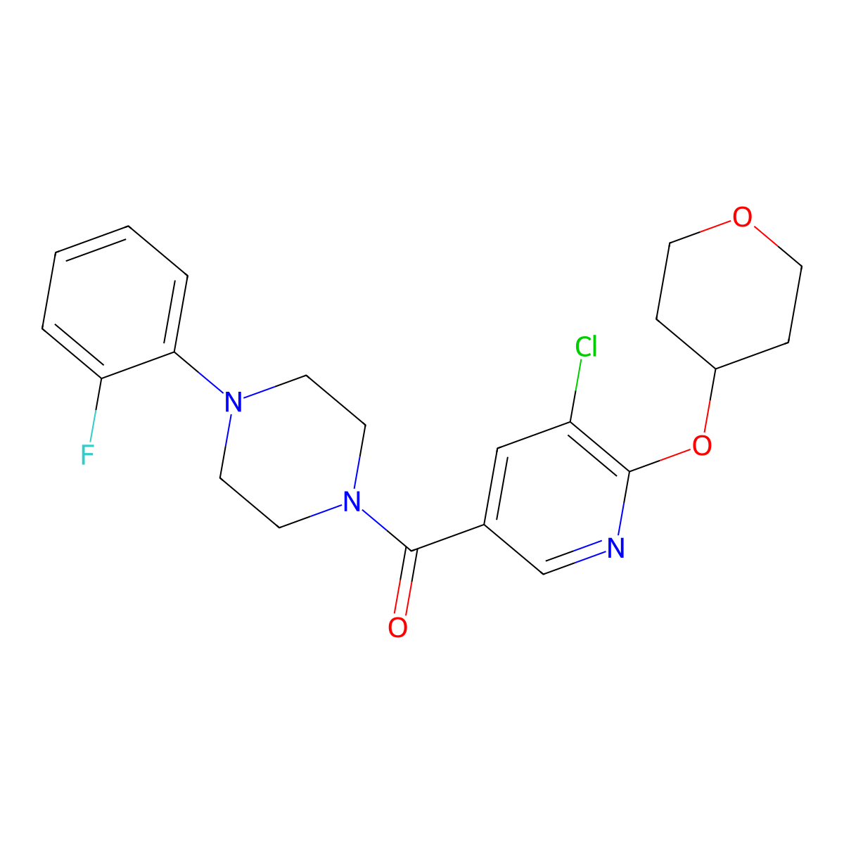 (5-chloro-6-((tetrahydro-2H-pyran-4-yl)oxy)pyridin-3-yl)(4-(2-fluorophenyl)piperazin-1-yl)methanone molecular structure, CAS 1903810-58-1
