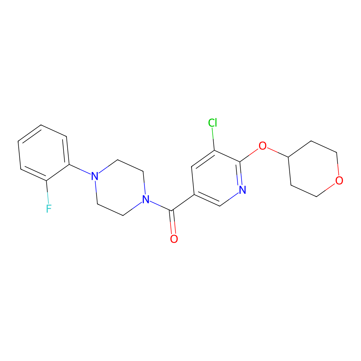 (5-chloro-6-((tetrahydro-2H-pyran-4-yl)oxy)pyridin-3-yl)(4-(2-fluorophenyl)piperazin-1-yl)methanone molecular structure, CAS 1903810-58-1