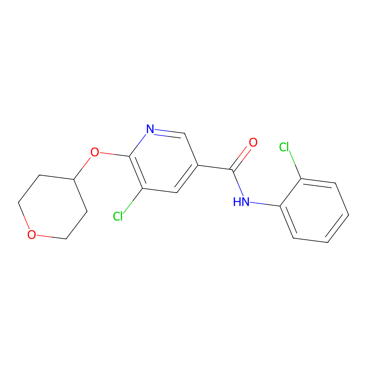 5-chloro-N-(2-chlorophenyl)-6-(oxan-4-yloxy)pyridine-3-carboxamide molecular structure, CAS 1903811-14-2
