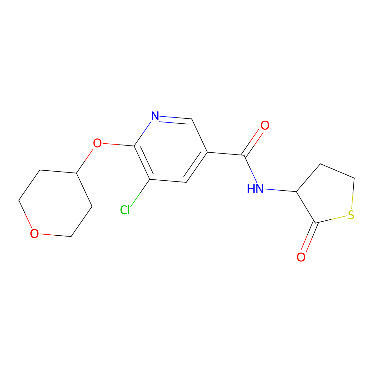 5-chloro-6-(oxan-4-yloxy)-N-(2-oxothiolan-3-yl)pyridine-3-carboxamide molecular structure, CAS 1903811-59-5