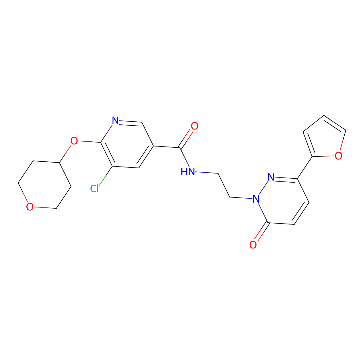 5-chloro-N-(2-(3-(furan-2-yl)-6-oxopyridazin-1(6H)-yl)ethyl)-6-((tetrahydro-2H-pyran-4-yl)oxy)nicotinamide molecular structure, CAS 1903811-92-6
