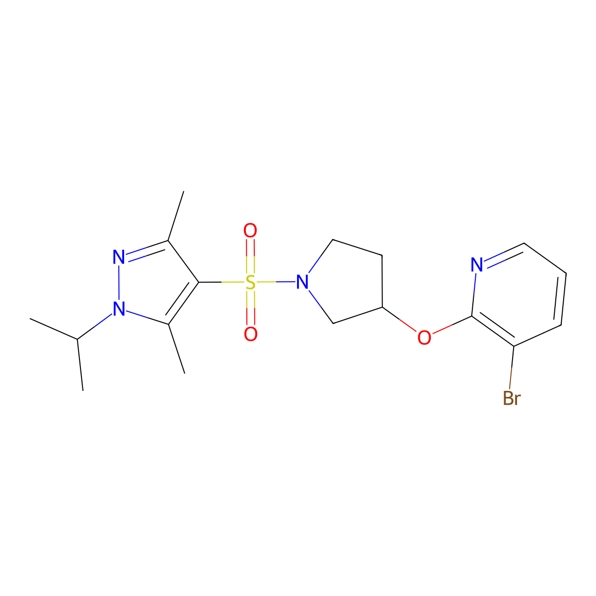 3-bromo-2-((1-((1-isopropyl-3,5-dimethyl-1H-pyrazol-4-yl)sulfonyl)pyrrolidin-3-yl)oxy)pyridine molecular structure, CAS 1903821-64-6