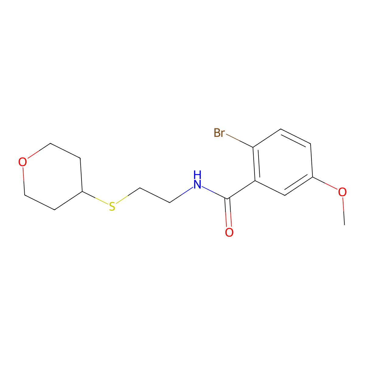 2-bromo-5-methoxy-N-[2-(oxan-4-ylsulfanyl)ethyl]benzamide molecular structure, CAS 1903842-31-8