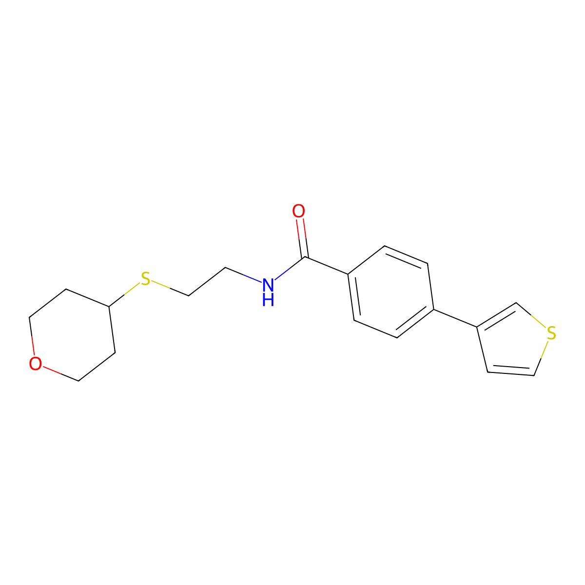 N-(2-((tetrahydro-2H-pyran-4-yl)thio)ethyl)-4-(thiophen-3-yl)benzamide molecular structure, CAS 1903842-35-2