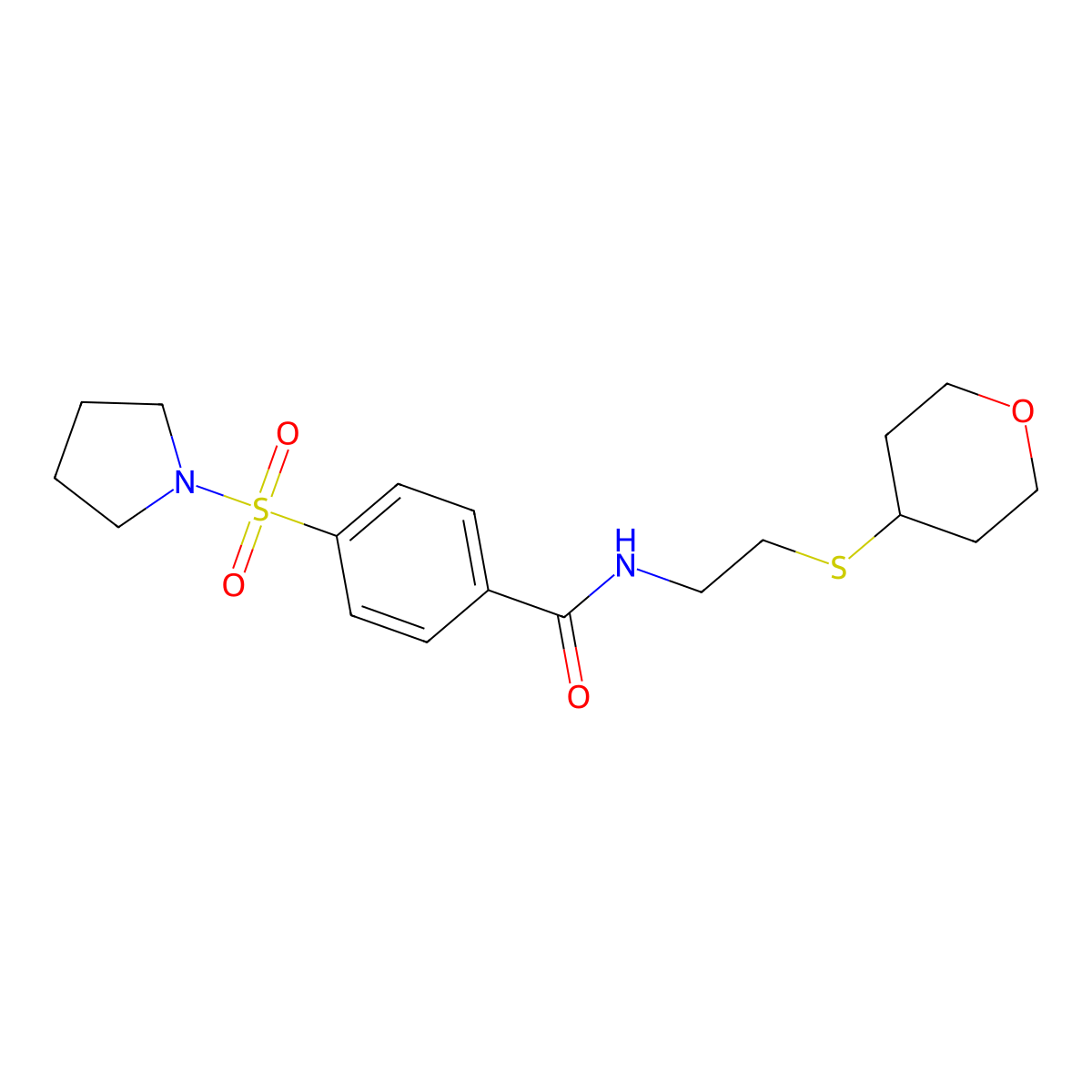 N-[2-(oxan-4-ylsulfanyl)ethyl]-4-(pyrrolidine-1-sulfonyl)benzamide molecular structure, CAS 1903842-43-2