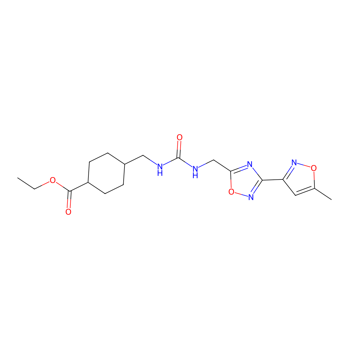 Ethyl 4-((3-((3-(5-methylisoxazol-3-yl)-1,2,4-oxadiazol-5-yl)methyl)ureido)methyl)cyclohexanecarboxylate molecular structure, CAS 1903848-15-6