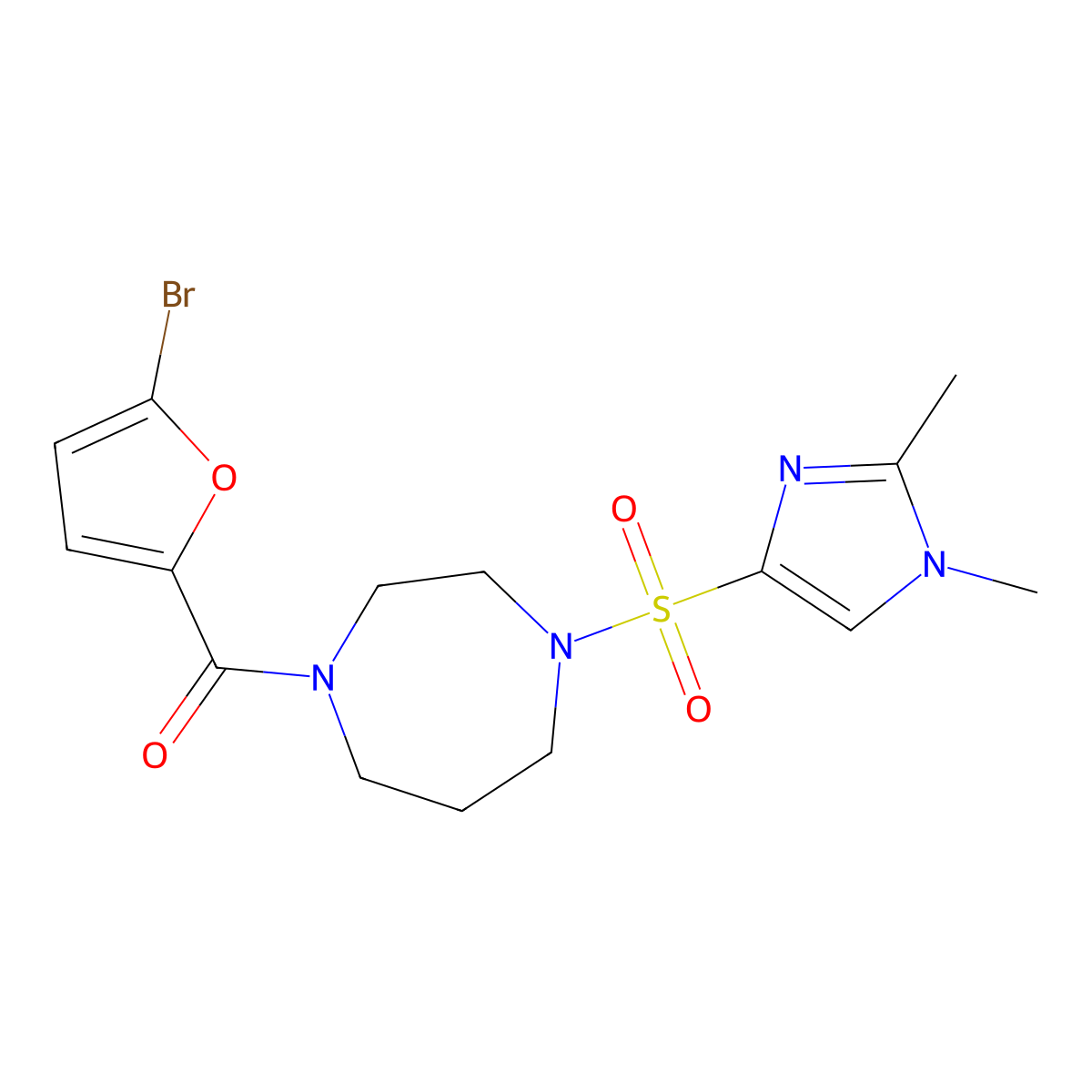 (5-bromofuran-2-yl)(4-((1,2-dimethyl-1H-imidazol-4-yl)sulfonyl)-1,4-diazepan-1-yl)methanone molecular structure, CAS 1903848-20-3