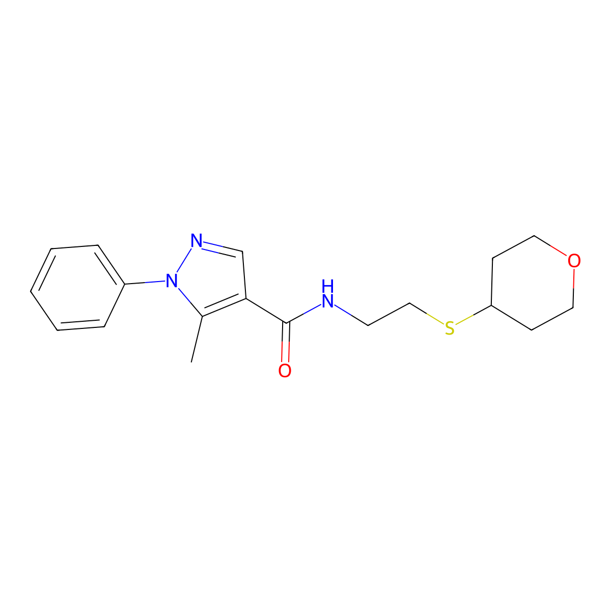 5-methyl-N-[2-(oxan-4-ylsulfanyl)ethyl]-1-phenyl-1H-pyrazole-4-carboxamide molecular structure, CAS 1903863-14-8
