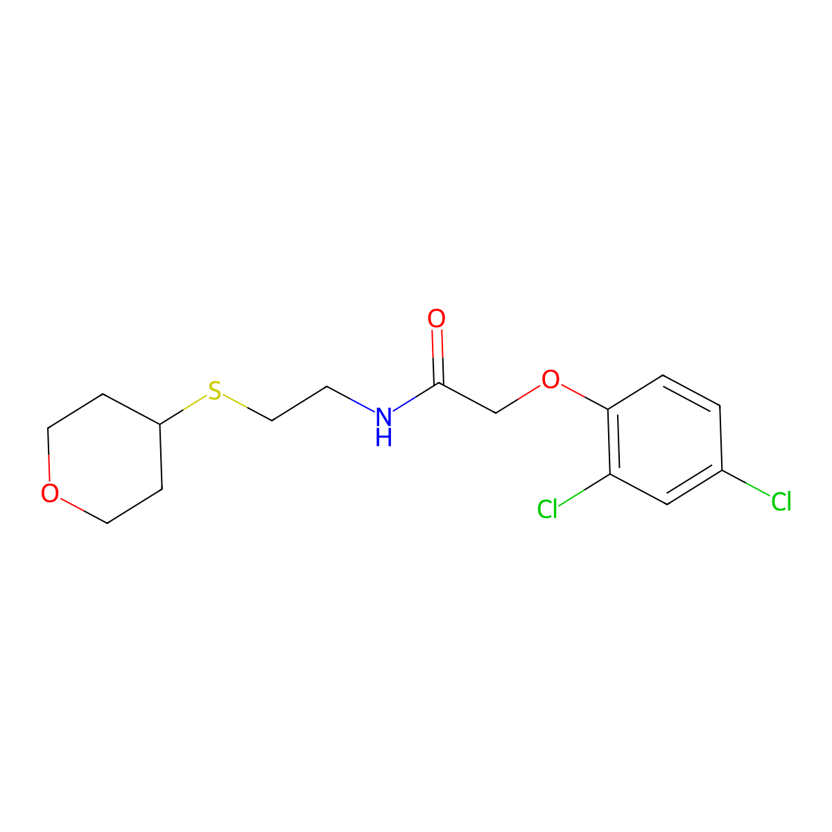 2-(2,4-dichlorophenoxy)-N-(2-((tetrahydro-2H-pyran-4-yl)thio)ethyl)acetamide molecular structure, CAS 1903863-20-6