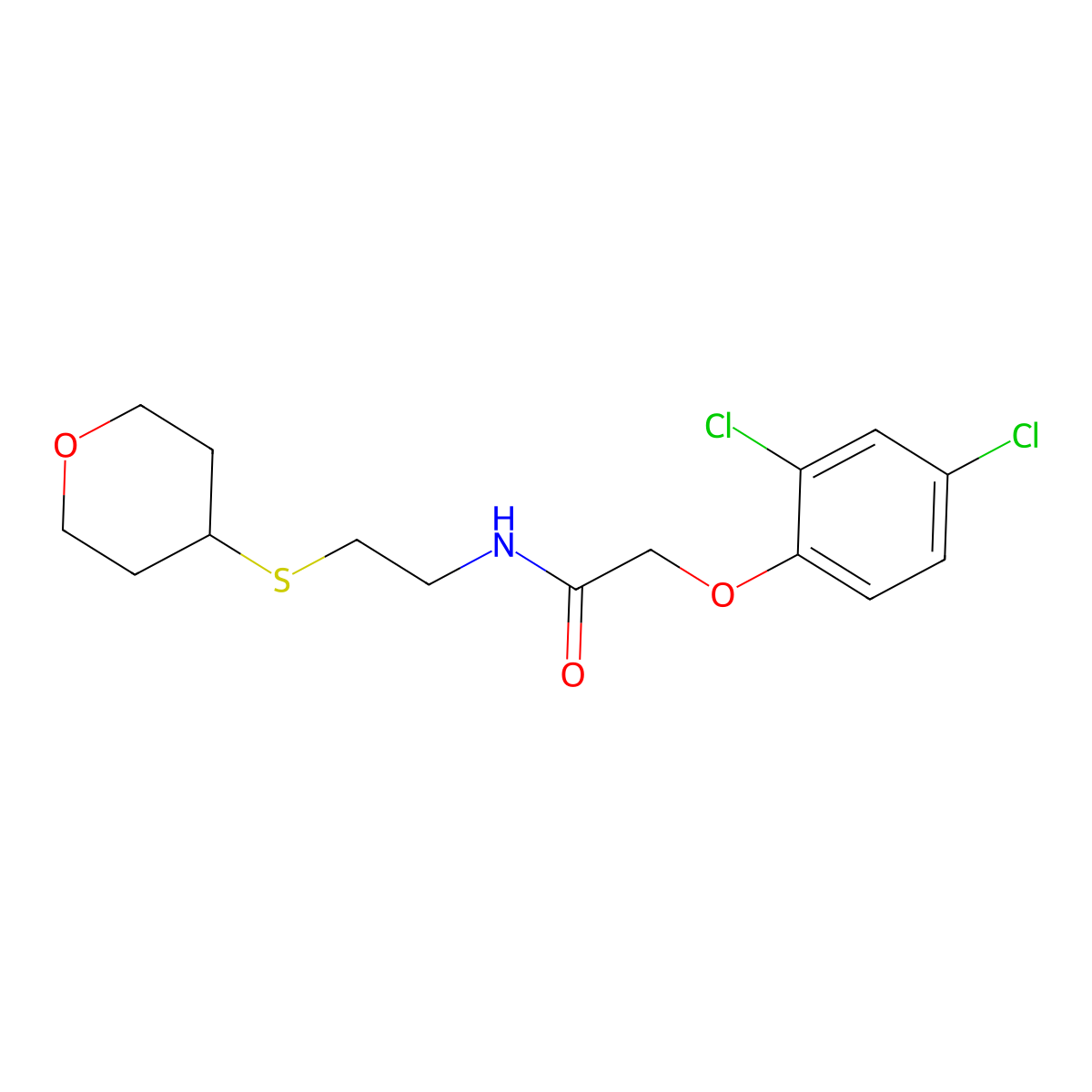 2-(2,4-dichlorophenoxy)-N-(2-((tetrahydro-2H-pyran-4-yl)thio)ethyl)acetamide molecular structure, CAS 1903863-20-6