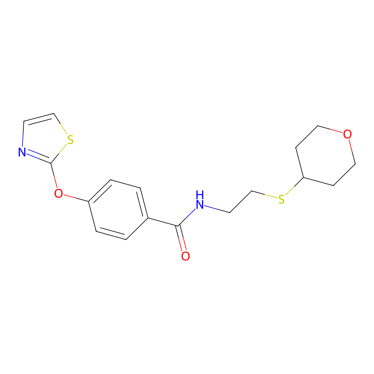 N-[2-(oxan-4-ylsulfanyl)ethyl]-4-(1,3-thiazol-2-yloxy)benzamide molecular structure, CAS 1903863-29-5