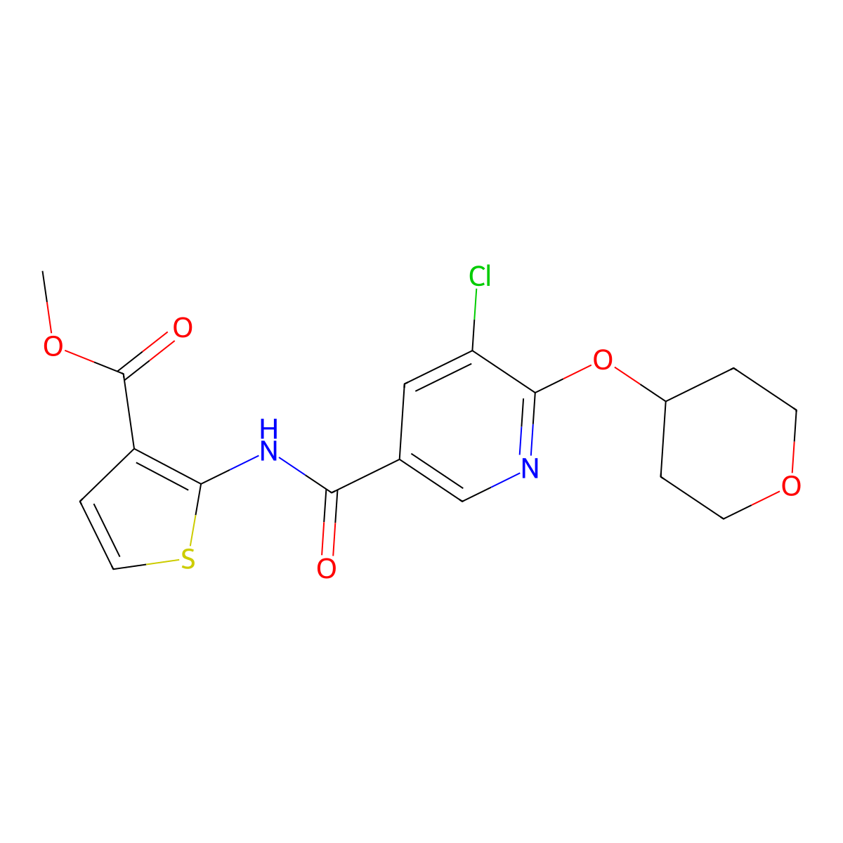 methyl 2-(5-chloro-6-((tetrahydro-2H-pyran-4-yl)oxy)nicotinamido)thiophene-3-carboxylate molecular structure, CAS 1903871-67-9