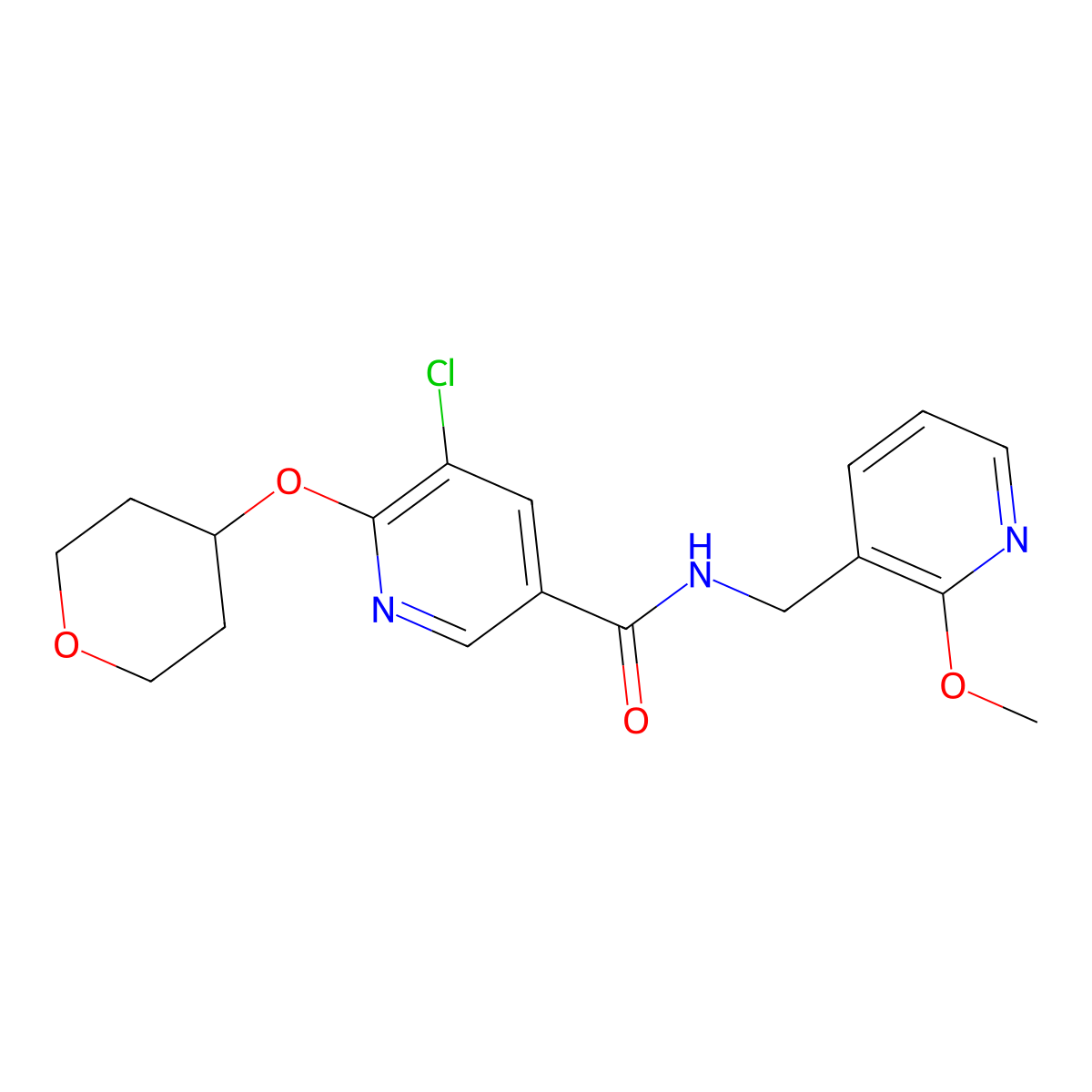 5-chloro-N-((2-methoxypyridin-3-yl)methyl)-6-((tetrahydro-2H-pyran-4-yl)oxy)nicotinamide molecular structure, CAS 1903871-75-9