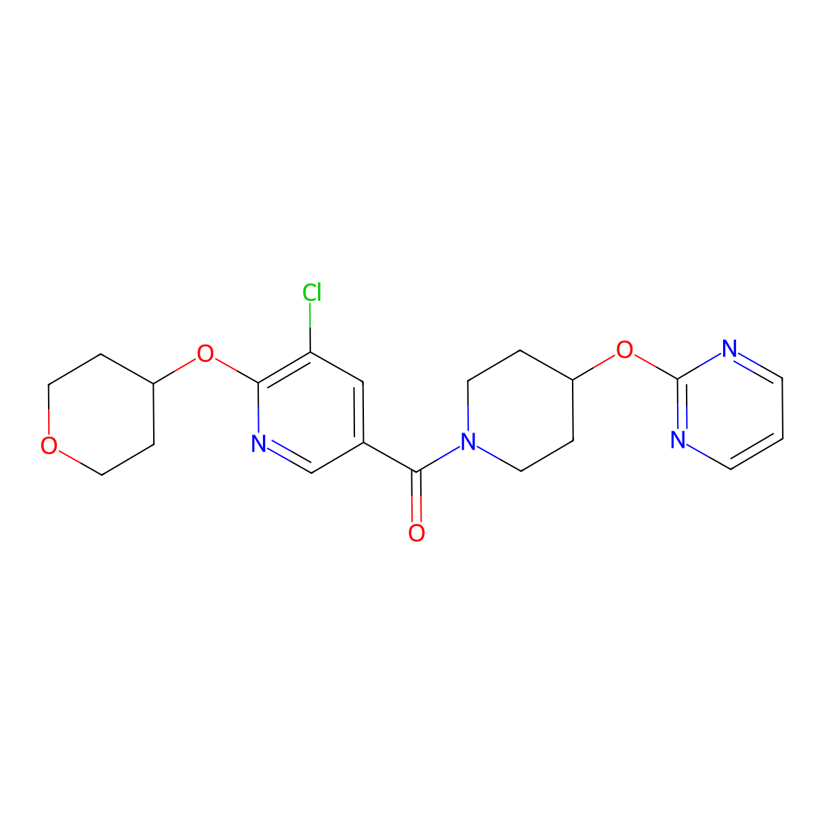 (5-chloro-6-((tetrahydro-2H-pyran-4-yl)oxy)pyridin-3-yl)(4-(pyrimidin-2-yloxy)piperidin-1-yl)methanone molecular structure, CAS 1903871-87-3