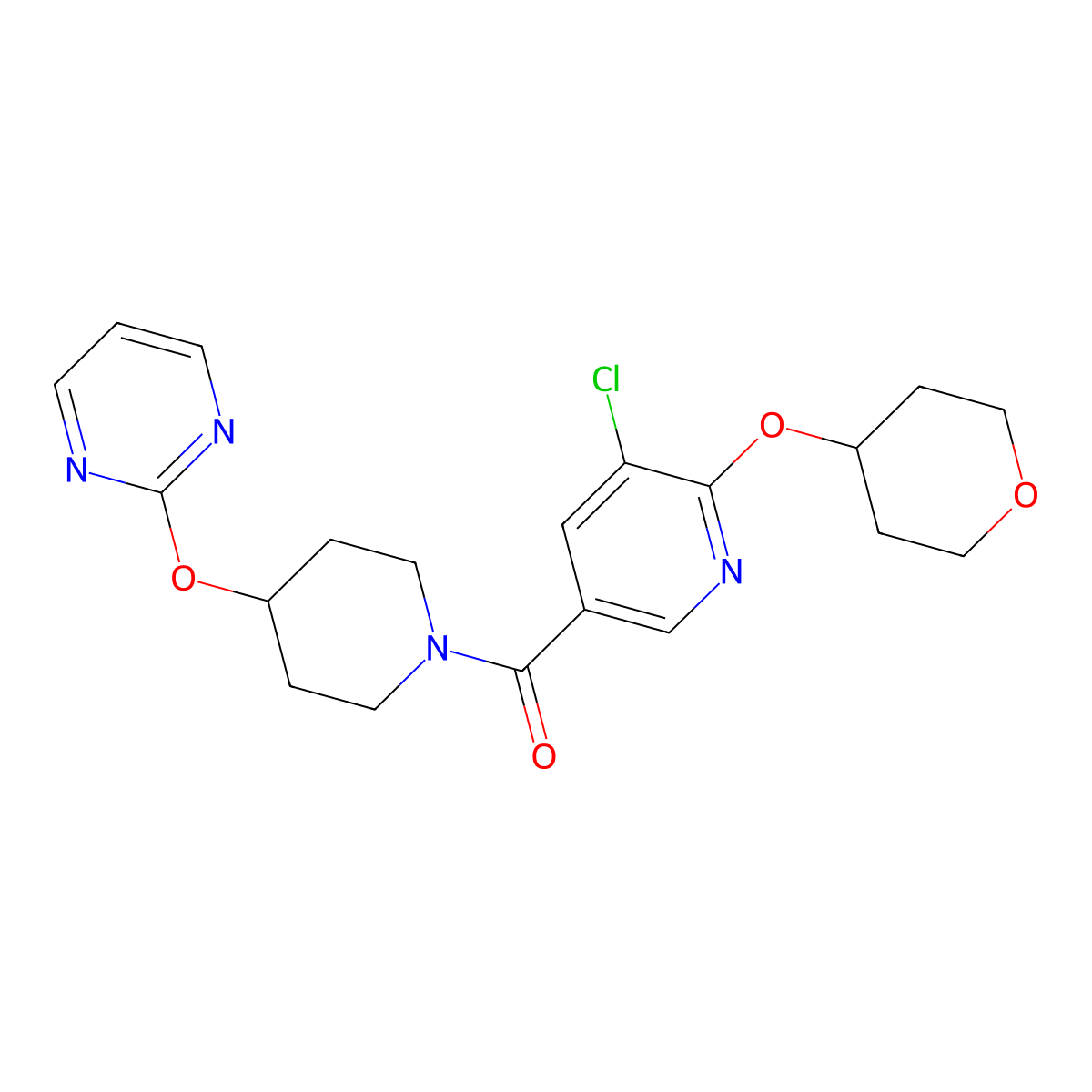 (5-chloro-6-((tetrahydro-2H-pyran-4-yl)oxy)pyridin-3-yl)(4-(pyrimidin-2-yloxy)piperidin-1-yl)methanone molecular structure, CAS 1903871-87-3