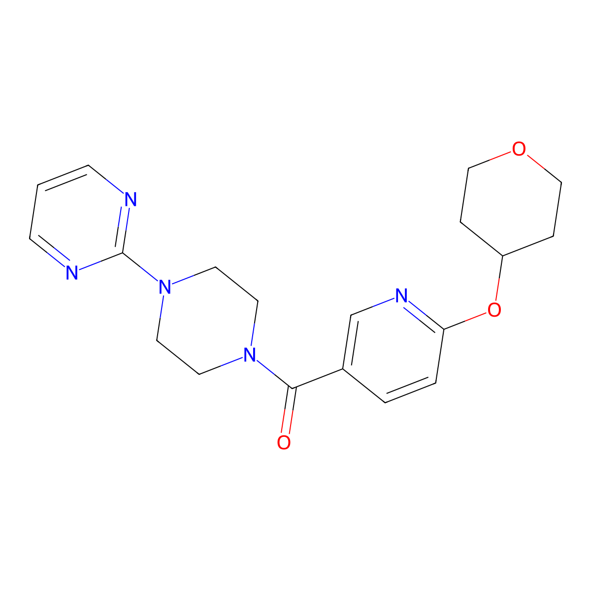 (4-(pyrimidin-2-yl)piperazin-1-yl)(6-((tetrahydro-2H-pyran-4-yl)oxy)pyridin-3-yl)methanone molecular structure, CAS 1903876-63-0
