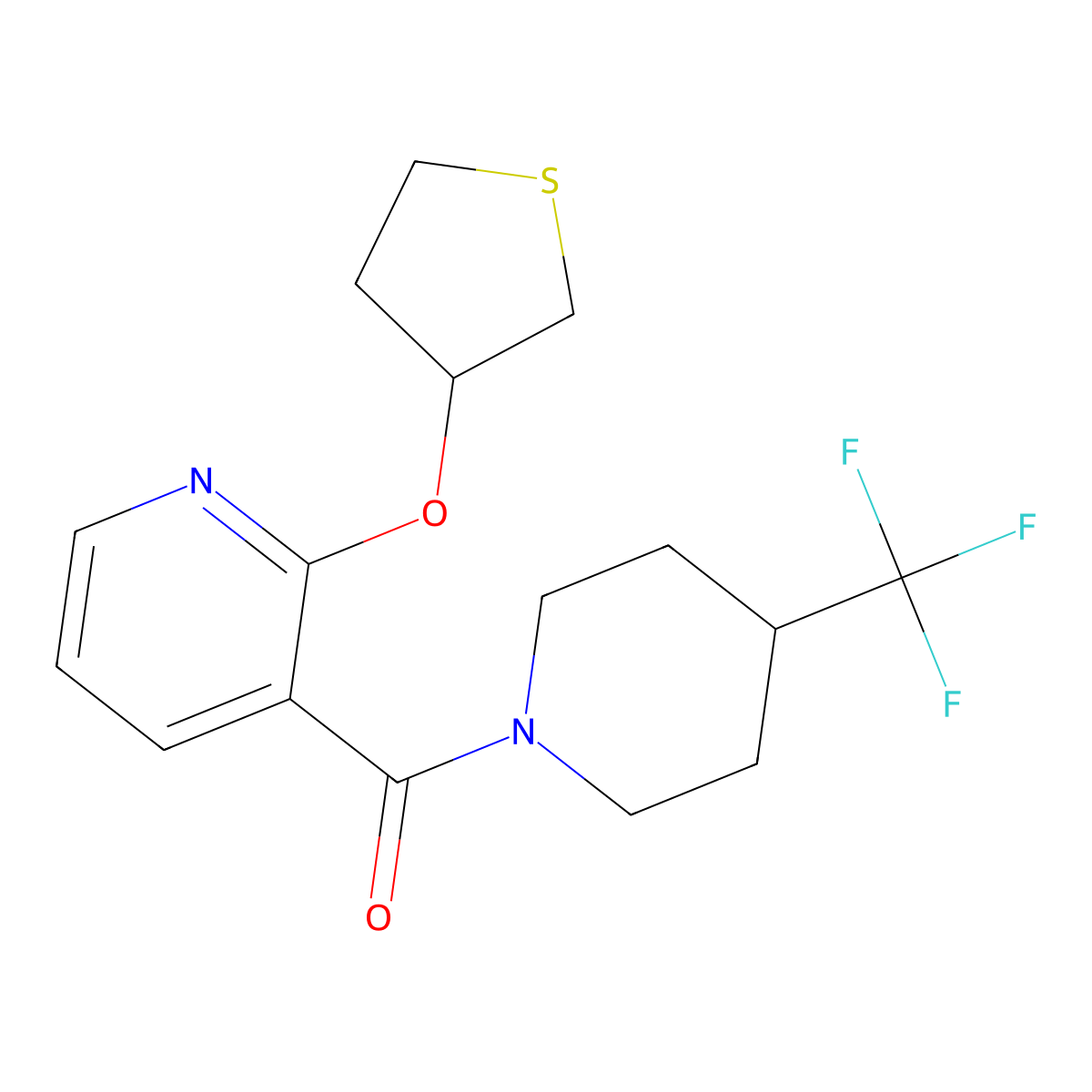 (2-((Tetrahydrothiophen-3-yl)oxy)pyridin-3-yl)(4-(trifluoromethyl)piperidin-1-yl)methanone molecular structure, CAS 1903876-68-5