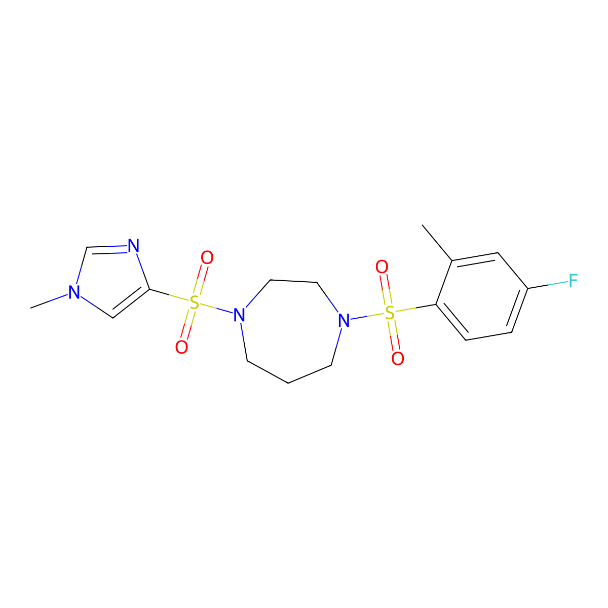 1-((4-fluoro-2-methylphenyl)sulfonyl)-4-((1-methyl-1H-imidazol-4-yl)sulfonyl)-1,4-diazepane molecular structure, CAS 1903881-12-8