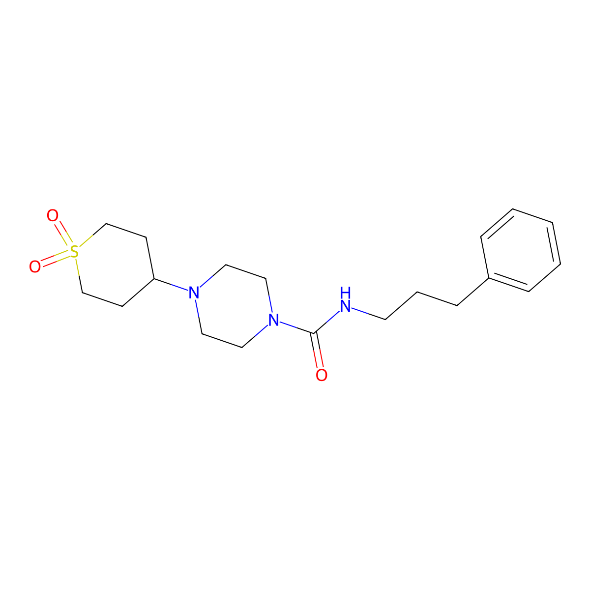 4-(1,1-dioxidotetrahydro-2H-thiopyran-4-yl)-N-(3-phenylpropyl)piperazine-1-carboxamide molecular structure, CAS 1903884-75-2