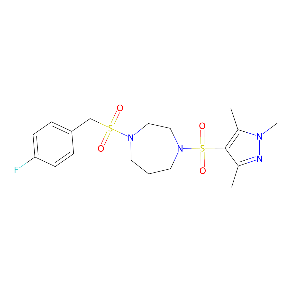 1-((4-fluorobenzyl)sulfonyl)-4-((1,3,5-trimethyl-1H-pyrazol-4-yl)sulfonyl)-1,4-diazepane molecular structure, CAS 1903898-62-3