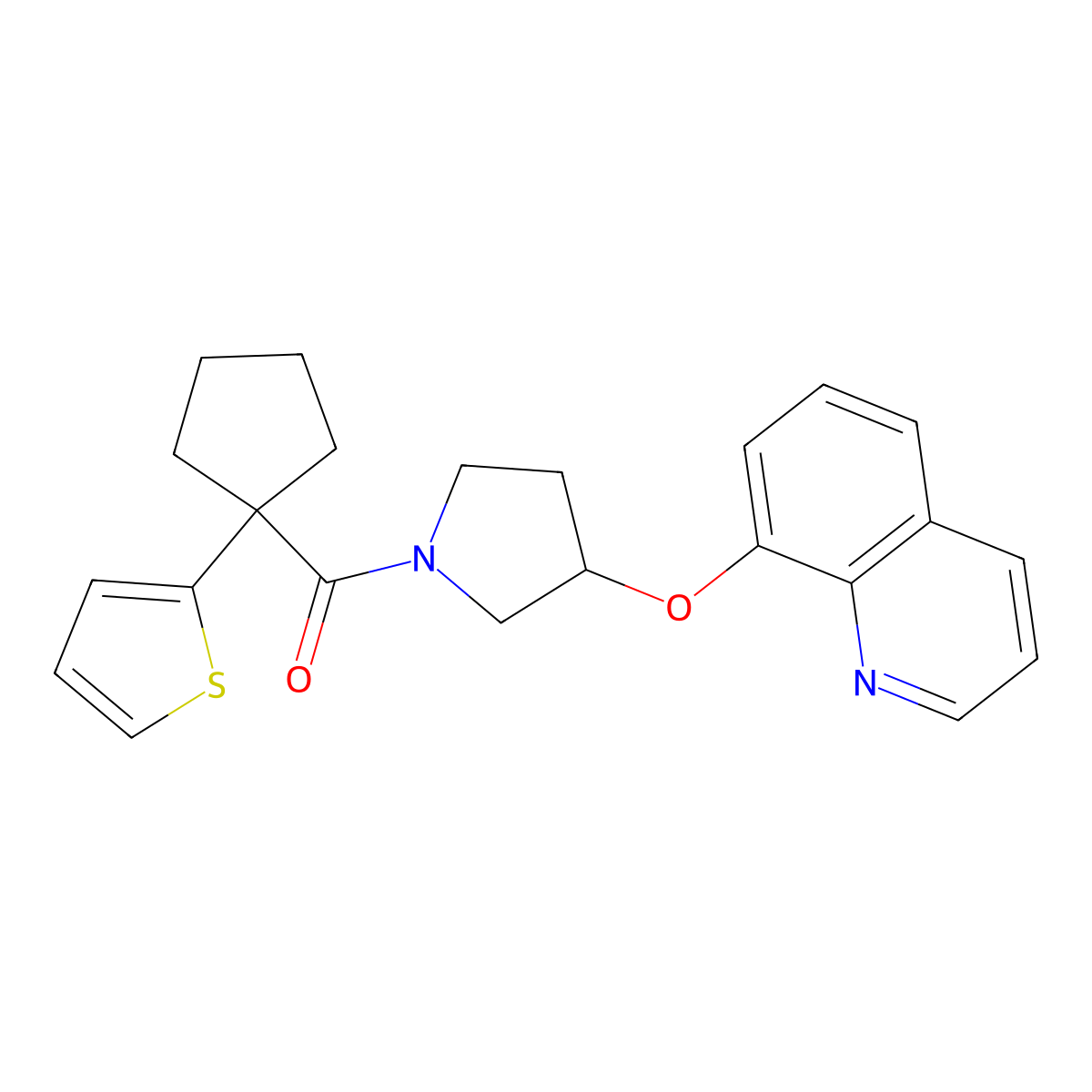 (3-(Quinolin-8-yloxy)pyrrolidin-1-yl)(1-(thiophen-2-yl)cyclopentyl)methanone molecular structure, CAS 1903910-01-9