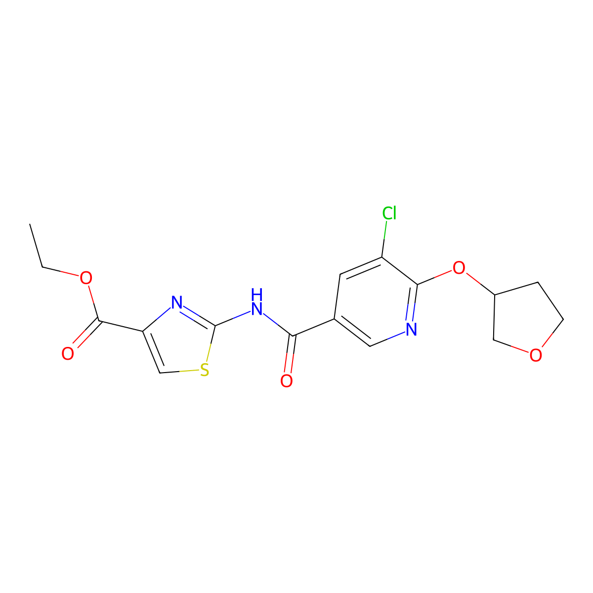 Ethyl 2-(5-chloro-6-((tetrahydrofuran-3-yl)oxy)nicotinamido)thiazole-4-carboxylate molecular structure, CAS 1903913-28-9