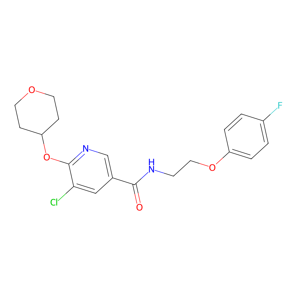 5-chloro-N-(2-(4-fluorophenoxy)ethyl)-6-((tetrahydro-2H-pyran-4-yl)oxy)nicotinamide molecular structure, CAS 1903915-97-8