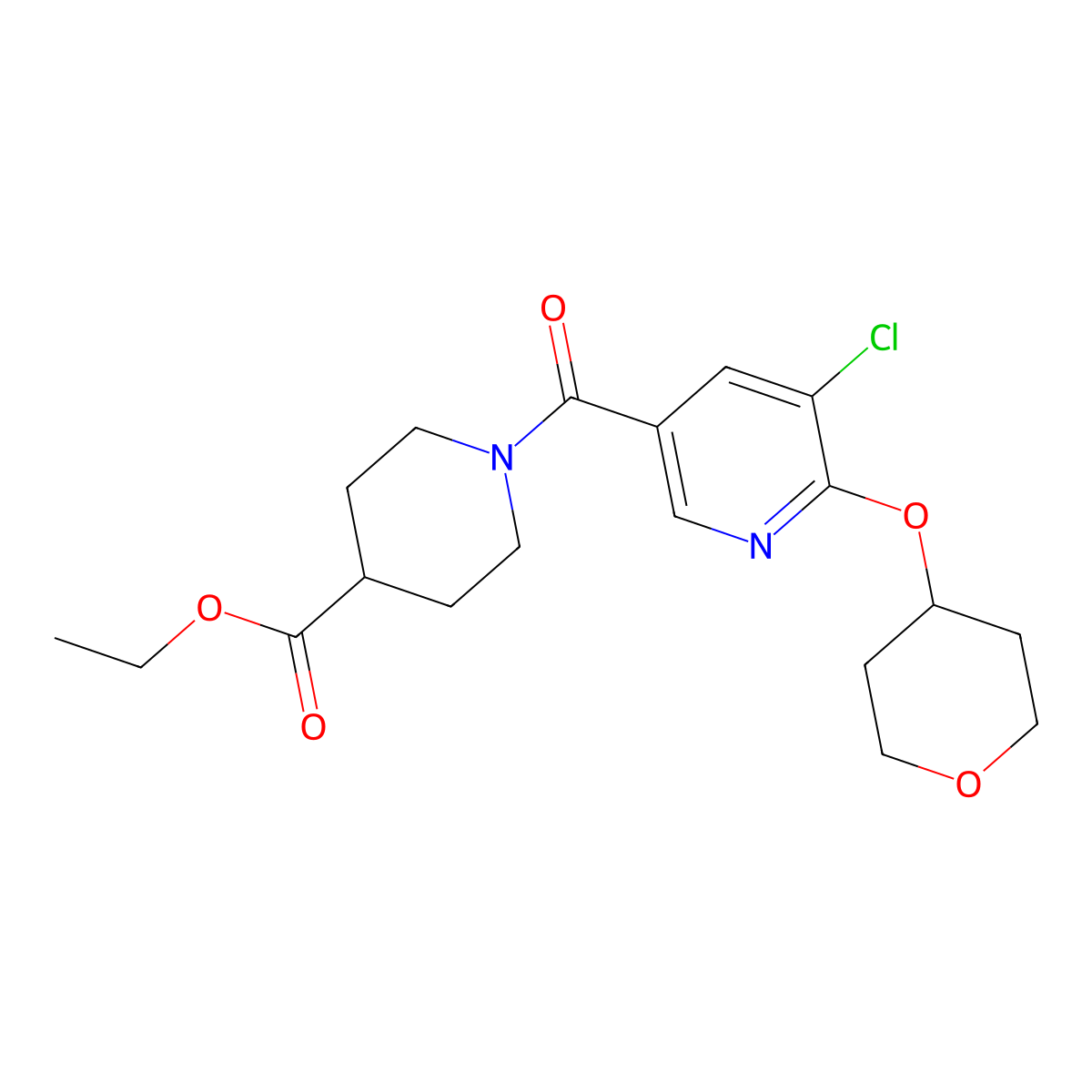 Ethyl 1-[5-chloro-6-(oxan-4-yloxy)pyridine-3-carbonyl]piperidine-4-carboxylate molecular structure, CAS 1903916-45-9