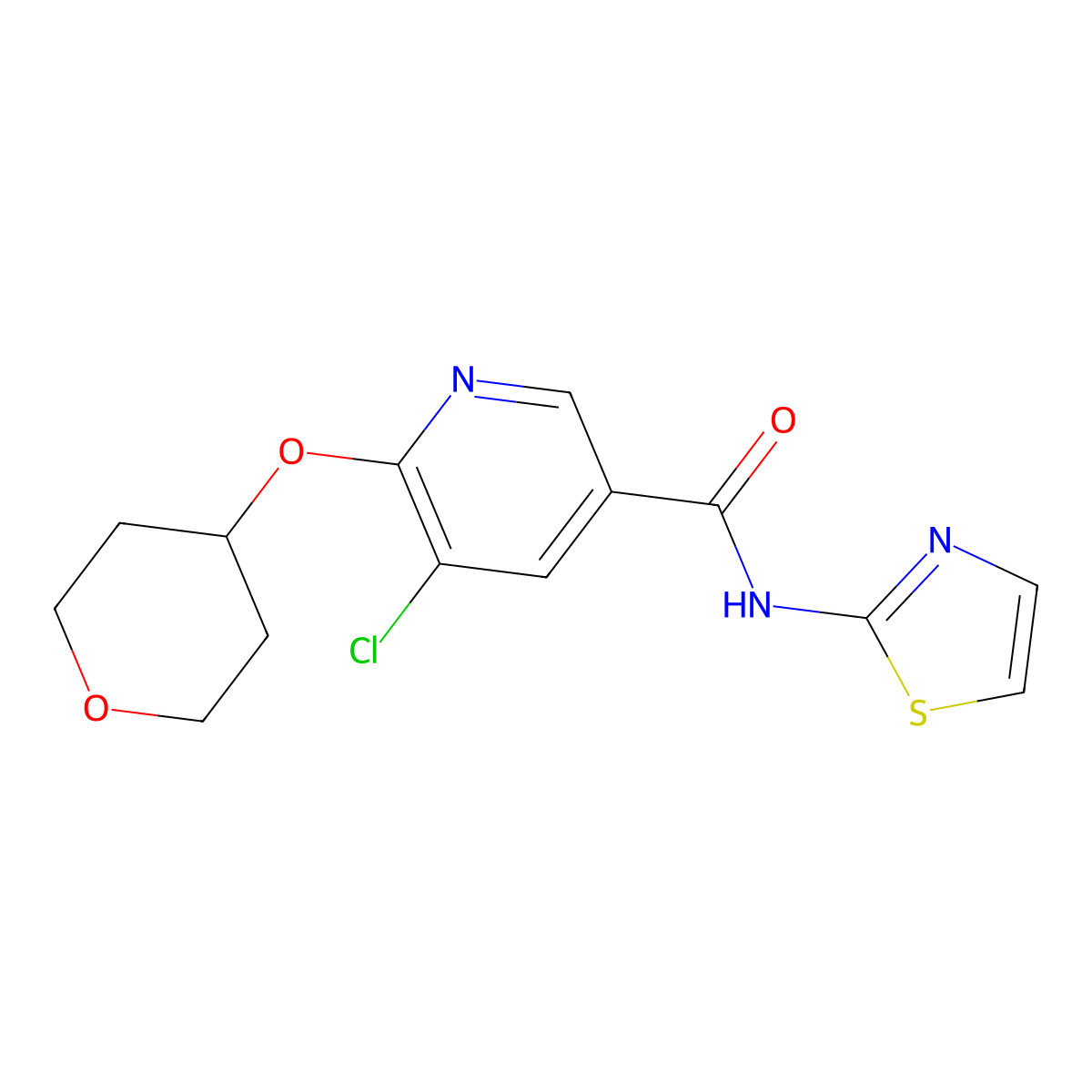 5-chloro-6-((tetrahydro-2H-pyran-4-yl)oxy)-N-(thiazol-2-yl)nicotinamide molecular structure, CAS 1903918-65-9
