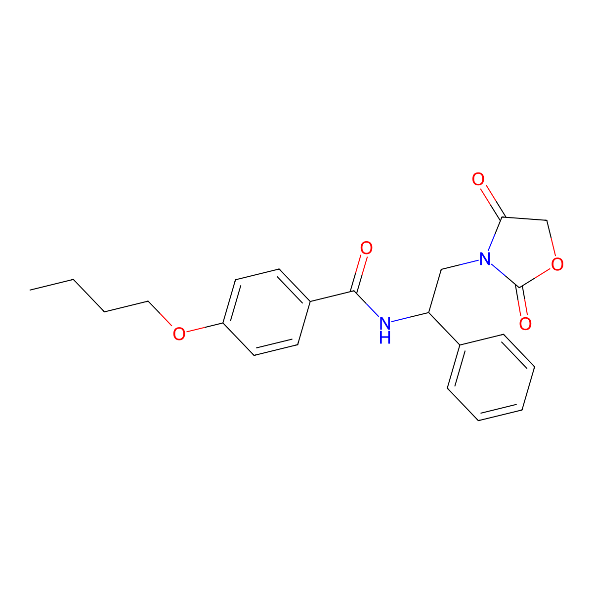4-butoxy-N-[2-(2,4-dioxo-1,3-oxazolidin-3-yl)-1-phenylethyl]benzamide molecular structure, CAS 1904006-39-8