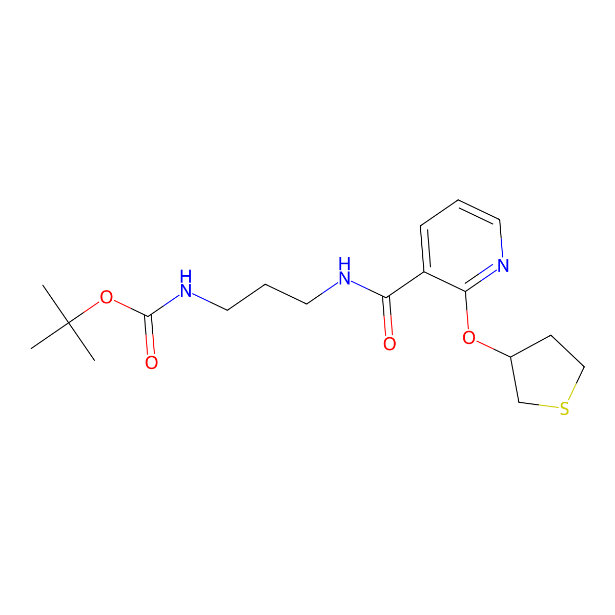 Tert-butyl (3-(2-((tetrahydrothiophen-3-yl)oxy)nicotinamido)propyl)carbamate molecular structure, CAS 1904012-72-1
