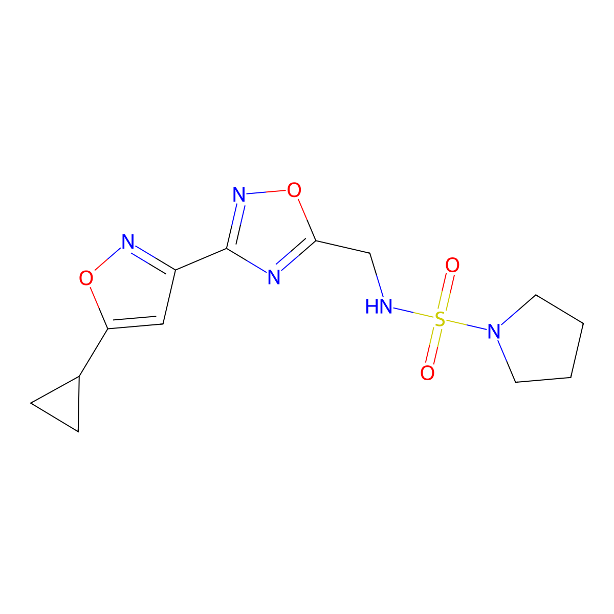 N-((3-(5-cyclopropylisoxazol-3-yl)-1,2,4-oxadiazol-5-yl)methyl)pyrrolidine-1-sulfonamide molecular structure, CAS 1904017-88-4