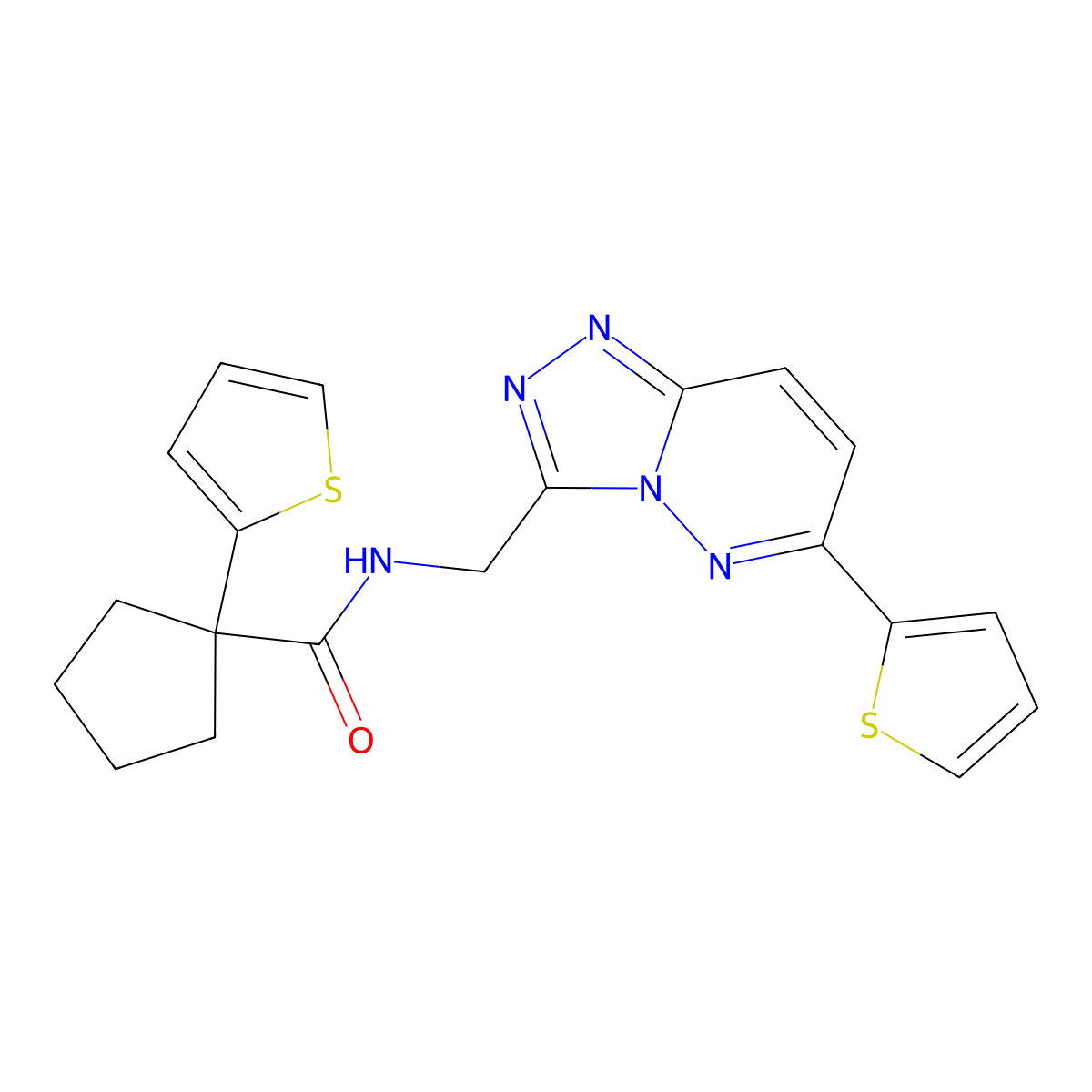 1-(thiophen-2-yl)-N-((6-(thiophen-2-yl)-[1,2,4]triazolo[4,3-b]pyridazin-3-yl)methyl)cyclopentanecarboxamide molecular structure, CAS 1904020-23-0