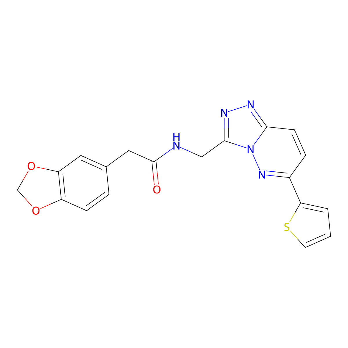 2-(benzo[d][1,3]dioxol-5-yl)-N-((6-(thiophen-2-yl)-[1,2,4]triazolo[4,3-b]pyridazin-3-yl)methyl)acetamide molecular structure, CAS 1904020-30-9