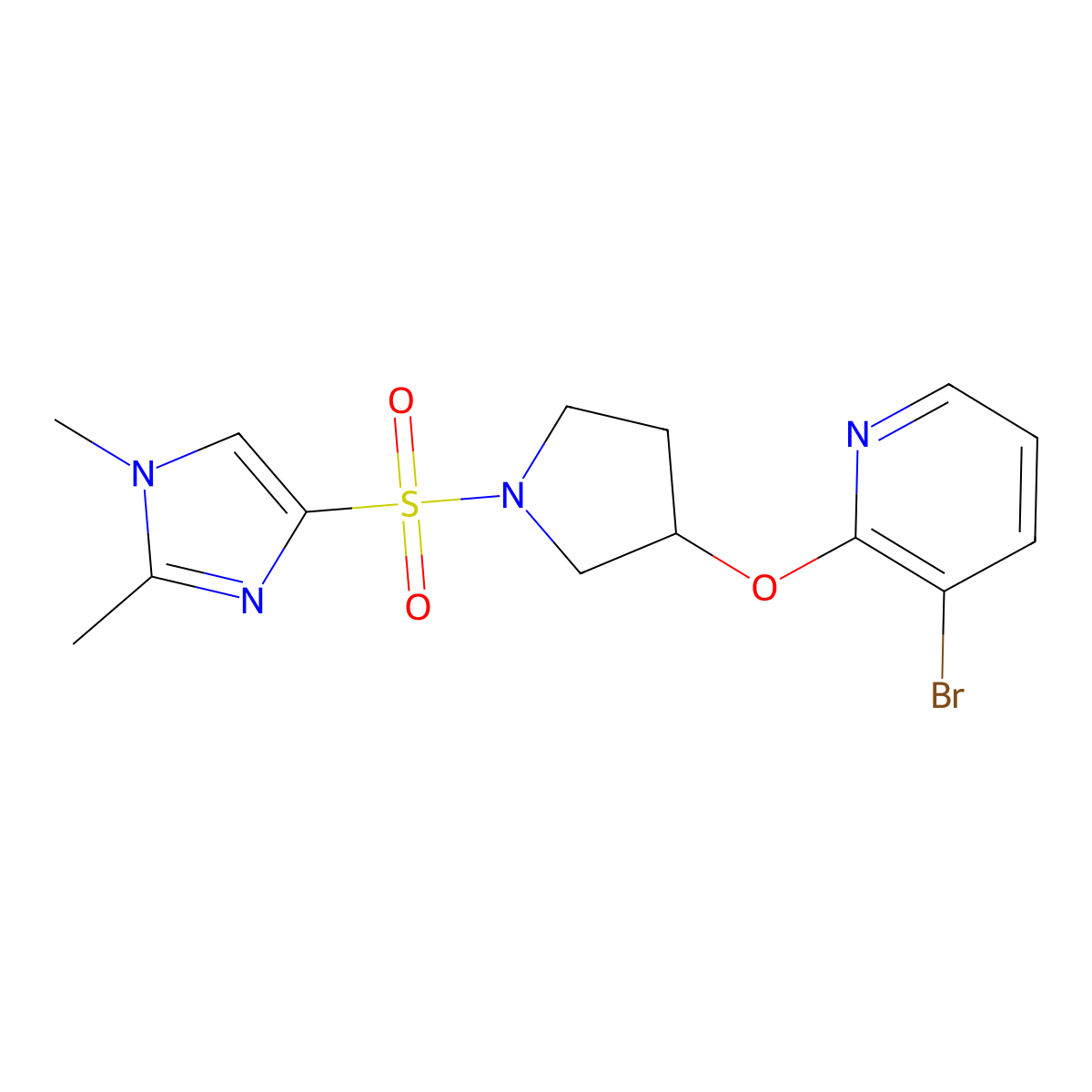 3-bromo-2-((1-((1,2-dimethyl-1H-imidazol-4-yl)sulfonyl)pyrrolidin-3-yl)oxy)pyridine molecular structure, CAS 1904022-79-2