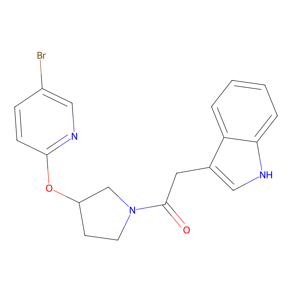 1-{3-[(5-bromopyridin-2-yl)oxy]pyrrolidin-1-yl}-2-(1H-indol-3-yl)ethan-1-one molecular structure, CAS 1904023-30-8