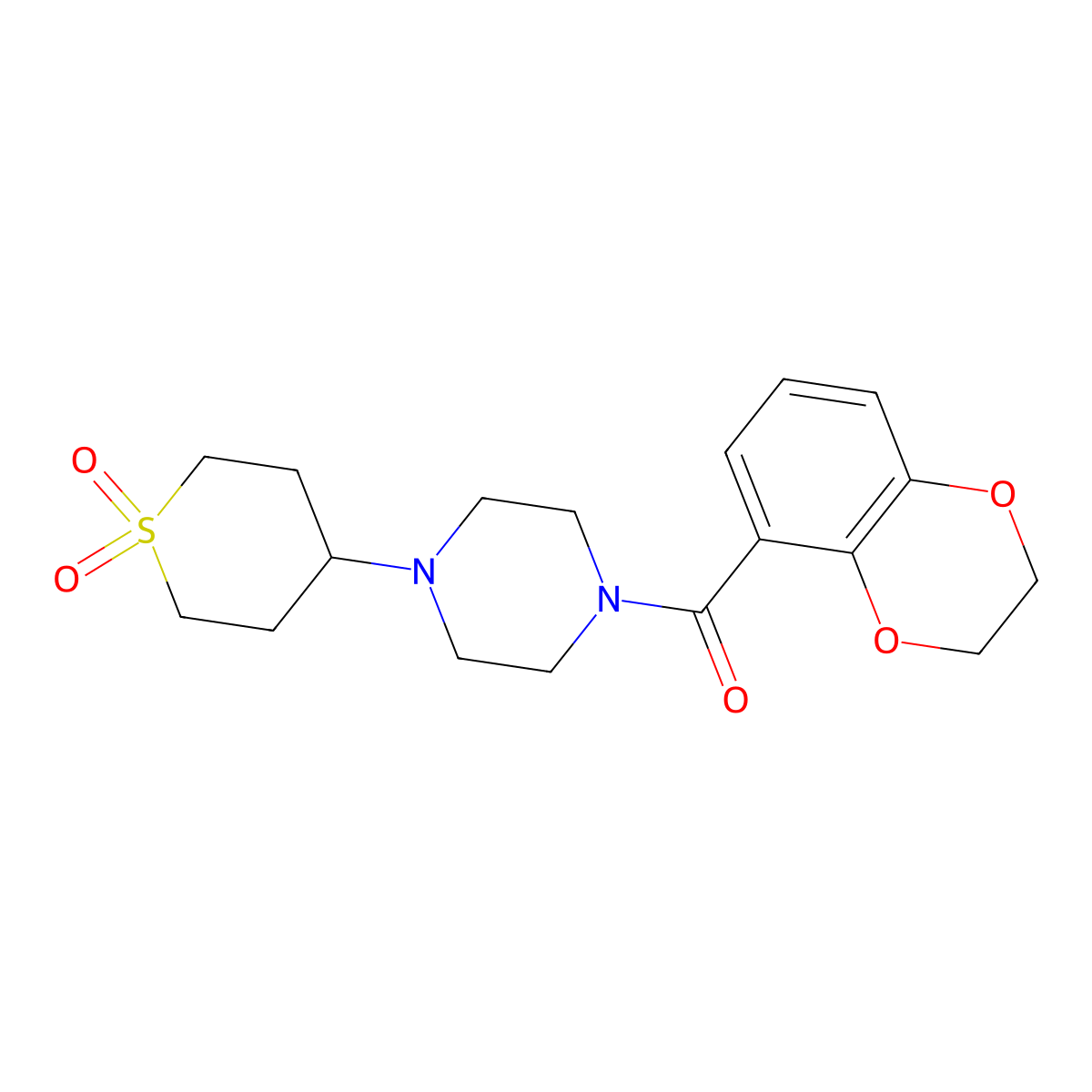 (2,3-dihydrobenzo[b][1,4]dioxin-5-yl)(4-(1,1-dioxidotetrahydro-2H-thiopyran-4-yl)piperazin-1-yl)methanone molecular structure, CAS 1904028-58-5