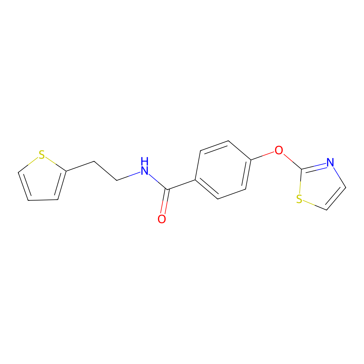 4-(thiazol-2-yloxy)-N-(2-(thiophen-2-yl)ethyl)benzamide molecular structure, CAS 1904051-77-9