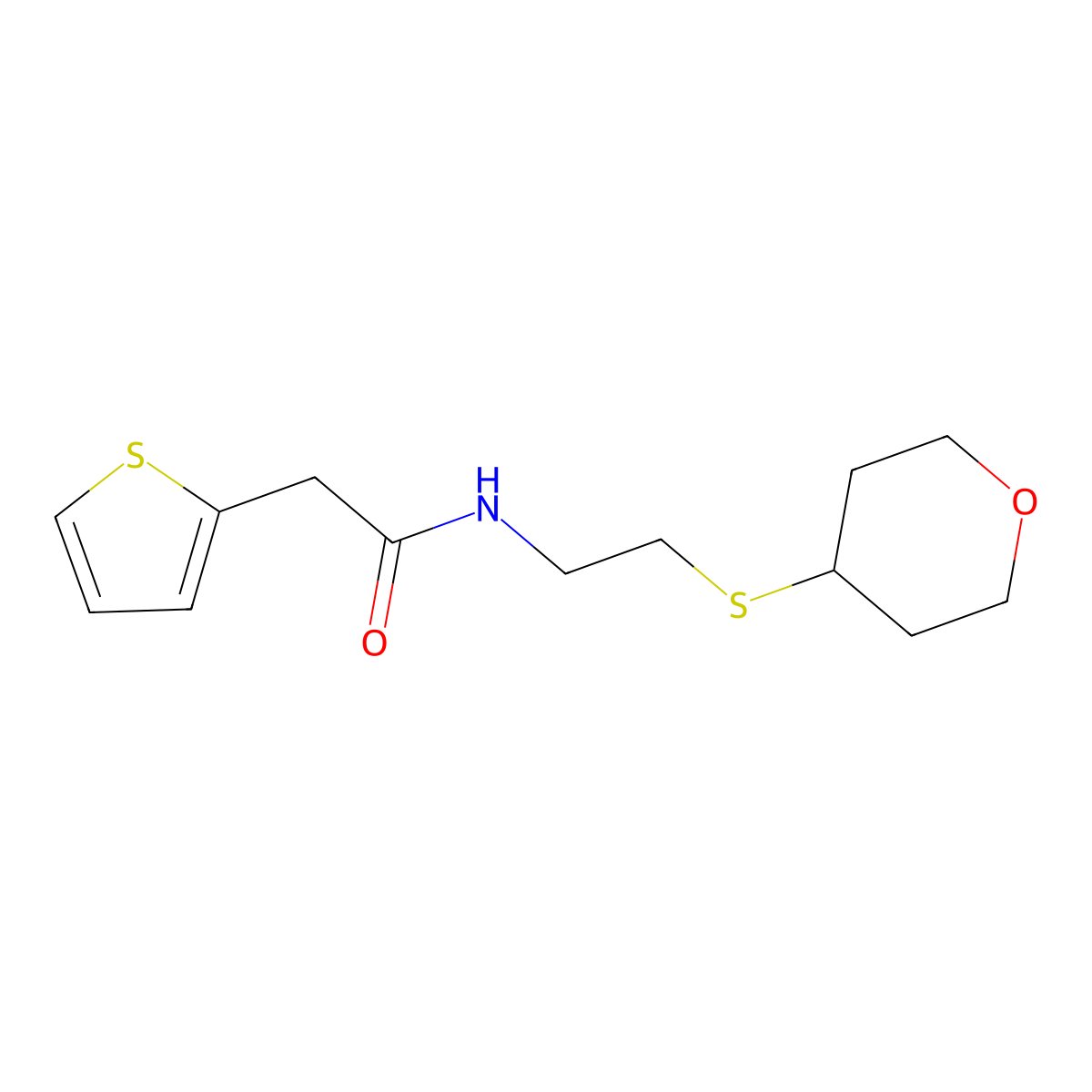 N-(2-((tetrahydro-2H-pyran-4-yl)thio)ethyl)-2-(thiophen-2-yl)acetamide molecular structure, CAS 1904064-17-0
