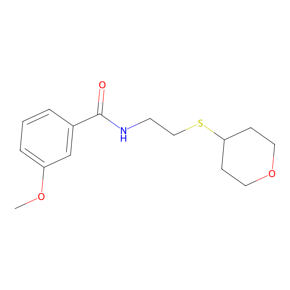 3-methoxy-N-[2-(oxan-4-ylsulfanyl)ethyl]benzamide molecular structure, CAS 1904064-25-0