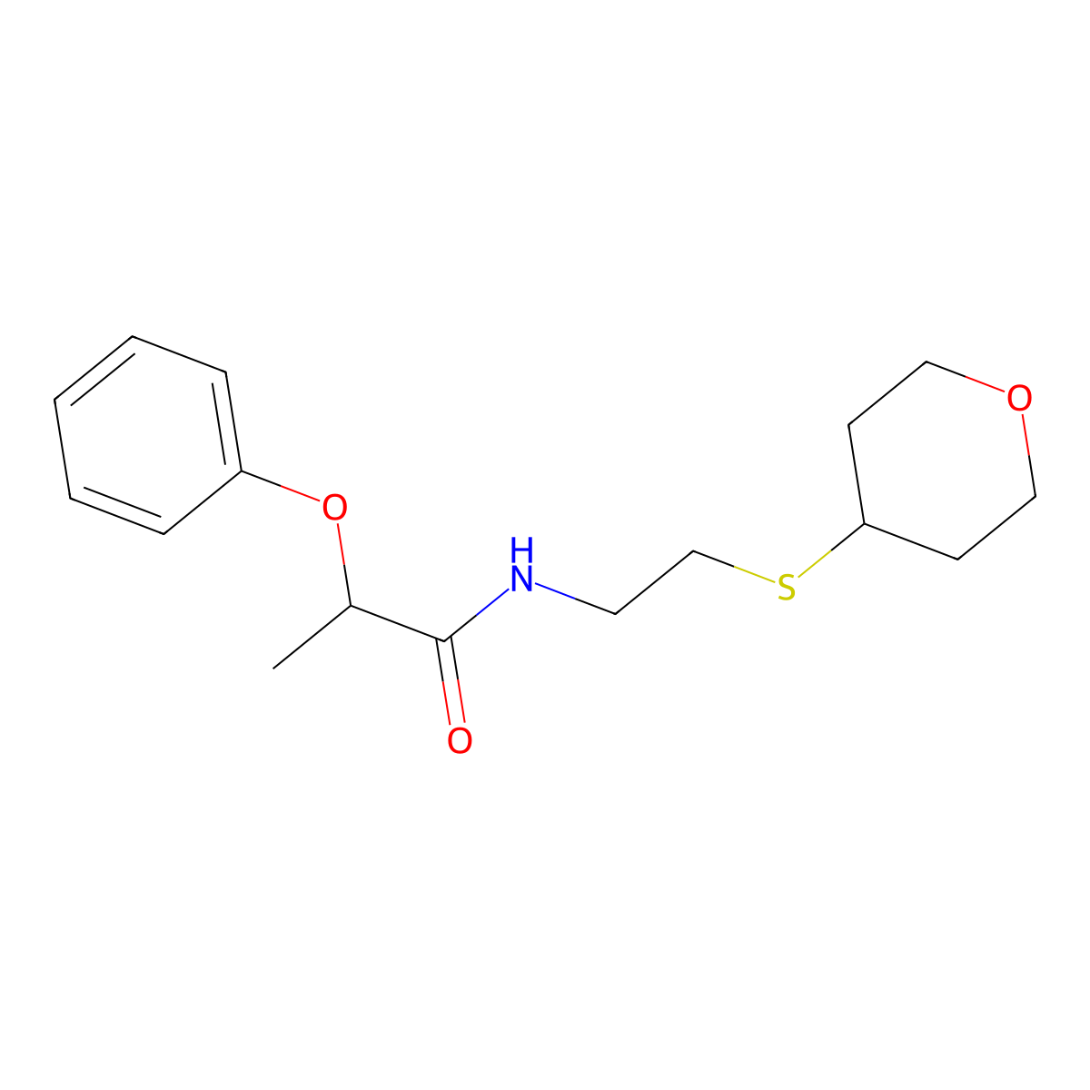 2-phenoxy-N-(2-((tetrahydro-2H-pyran-4-yl)thio)ethyl)propanamide molecular structure, CAS 1904064-97-6