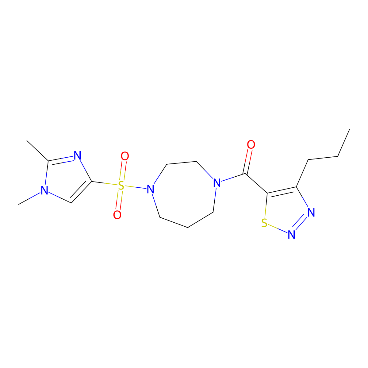 (4-((1,2-dimethyl-1H-imidazol-4-yl)sulfonyl)-1,4-diazepan-1-yl)(4-propyl-1,2,3-thiadiazol-5-yl)methanone molecular structure, CAS 1904081-60-2
