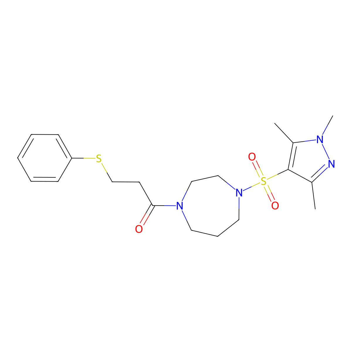 3-(phenylthio)-1-(4-((1,3,5-trimethyl-1H-pyrazol-4-yl)sulfonyl)-1,4-diazepan-1-yl)propan-1-one molecular structure, CAS 1904082-41-2