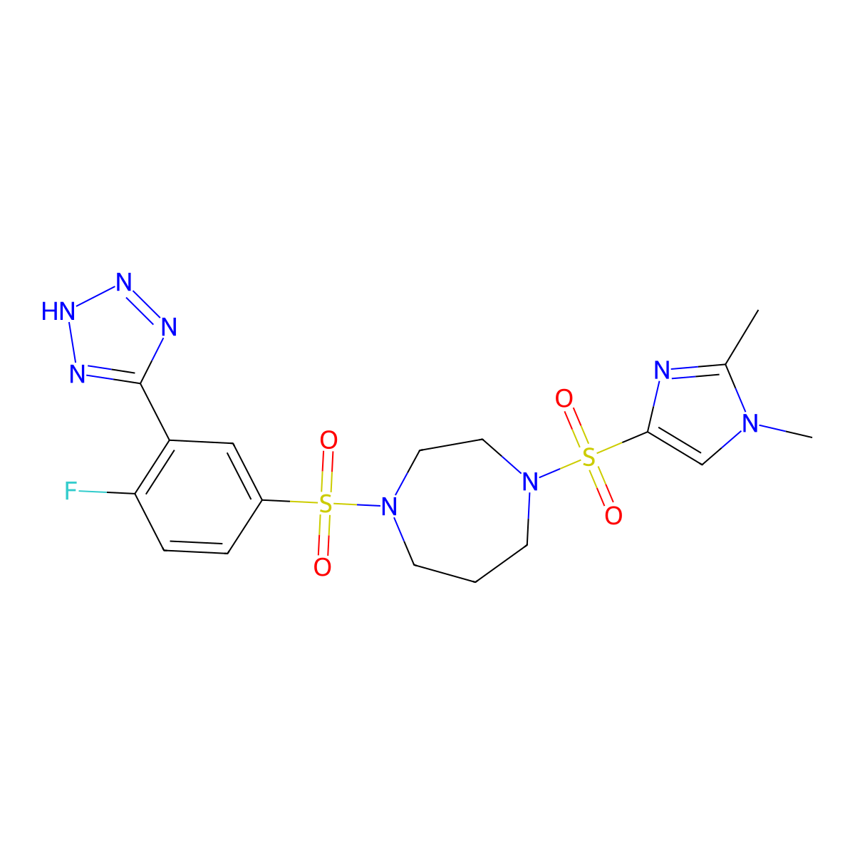 1-((1,2-dimethyl-1H-imidazol-4-yl)sulfonyl)-4-((4-fluoro-3-(1H-tetrazol-5-yl)phenyl)sulfonyl)-1,4-diazepane molecular structure, CAS 1904083-08-4