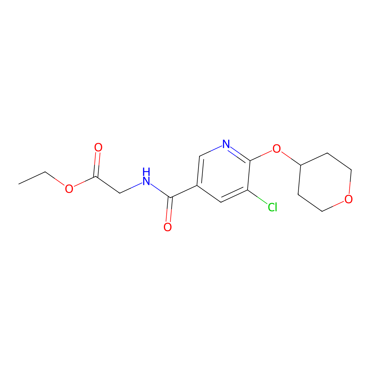 ethyl 2-(5-chloro-6-((tetrahydro-2H-pyran-4-yl)oxy)nicotinamido)acetate molecular structure, CAS 1904087-42-8