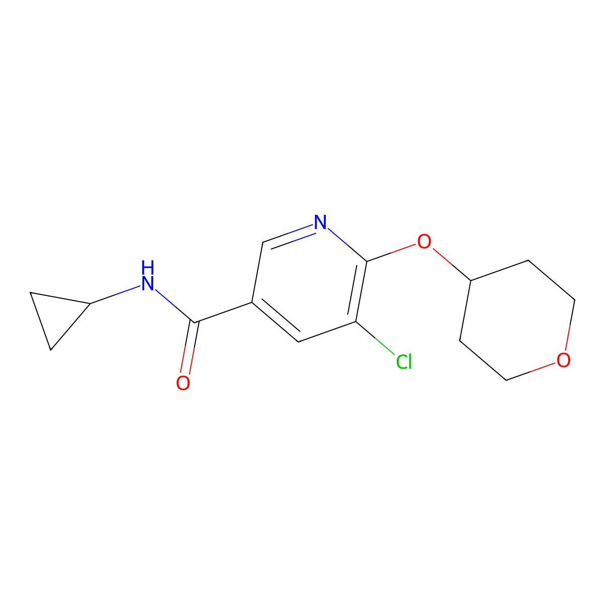 5-chloro-N-cyclopropyl-6-(oxan-4-yloxy)pyridine-3-carboxamide molecular structure, CAS 1904088-12-5