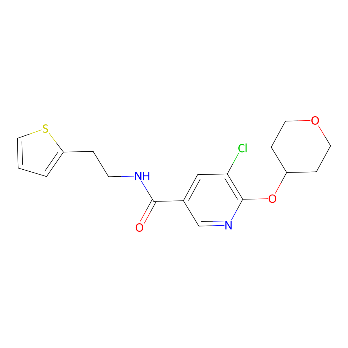 5-chloro-6-((tetrahydro-2H-pyran-4-yl)oxy)-N-(2-(thiophen-2-yl)ethyl)nicotinamide molecular structure, CAS 1904088-57-8