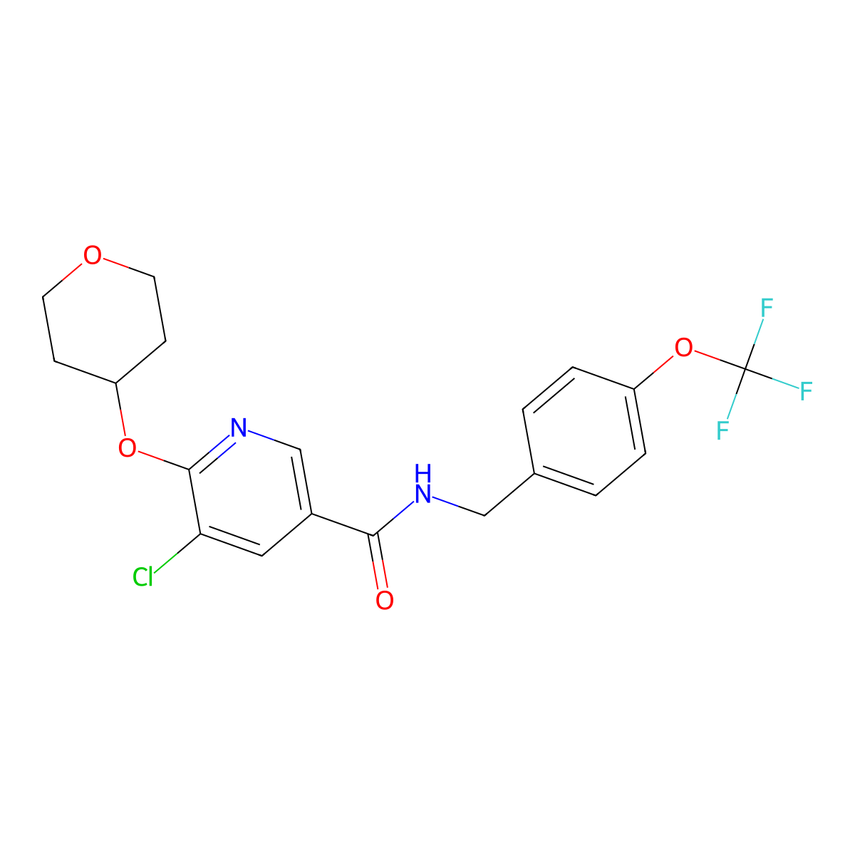 5-chloro-6-((tetrahydro-2H-pyran-4-yl)oxy)-N-(4-(trifluoromethoxy)benzyl)nicotinamide molecular structure, CAS 1904088-63-6