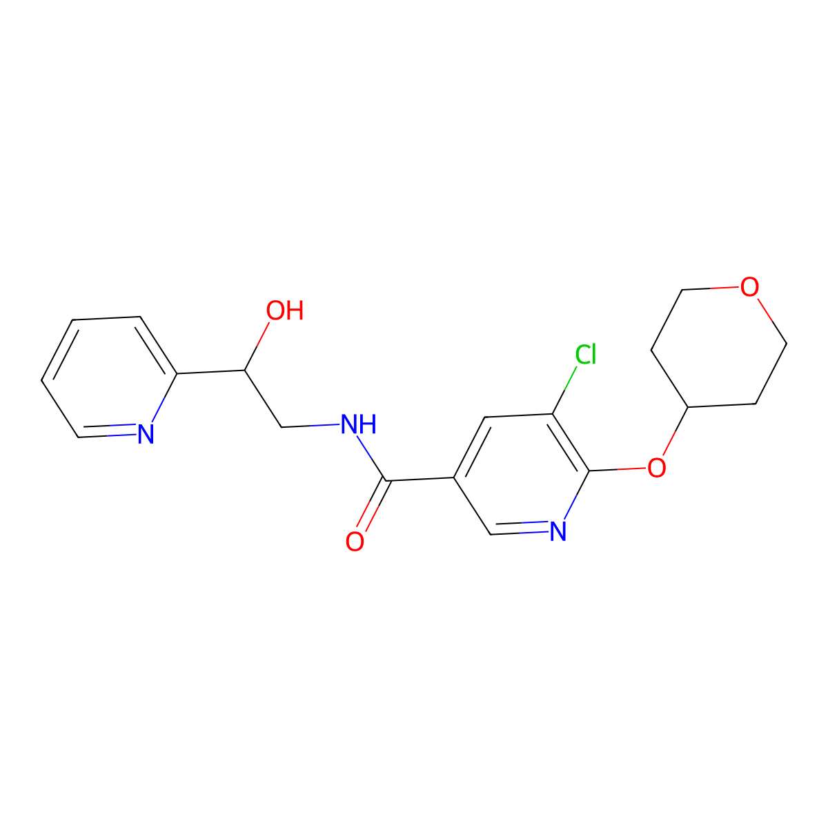 5-chloro-N-(2-hydroxy-2-(pyridin-2-yl)ethyl)-6-((tetrahydro-2H-pyran-4-yl)oxy)nicotinamide molecular structure, CAS 1904088-89-6